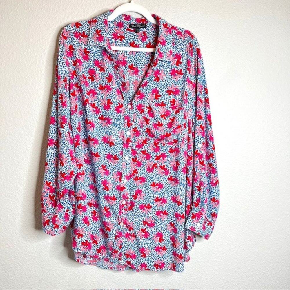 Velvet Heart Pink Floral Long Sleeve Button Down Silky Blouse Plus Size 2X